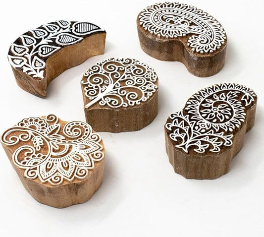 Handcarved Wooden Block Stamp for Printing Scrapbooking/Wooden Stamps for Project Designing/Fabric Textile/Clay/Pottery Craft/Tattoo | Set of 5 | Hashcart®
