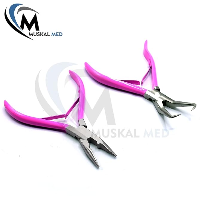 Professional Hair Extension & Beading Tool Kit Remove Plier Set for beads (4 Piece) I-Link Micro Ring Loop Needle Pulling Hook Threader Wire for Silicone Rings (Hot Pink)