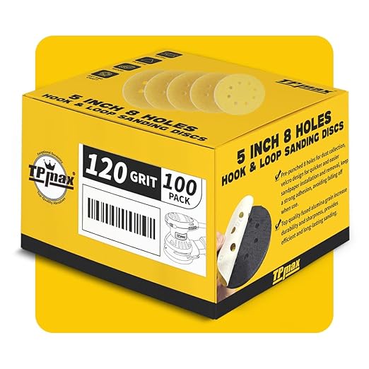 100PCS 5 Inch 120 Grit 125mm 8 Hole Sanding Discs Sandpaper - Premium Gold Round Hook and Loop for Random Orbital Sander - Ideal for Wood, Metal, Automotive