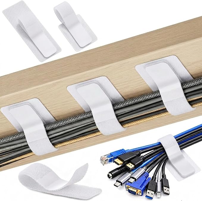 Cable Management Under Desk, 20 Pair Cord Organizer Straps White | Reusable by Unknown