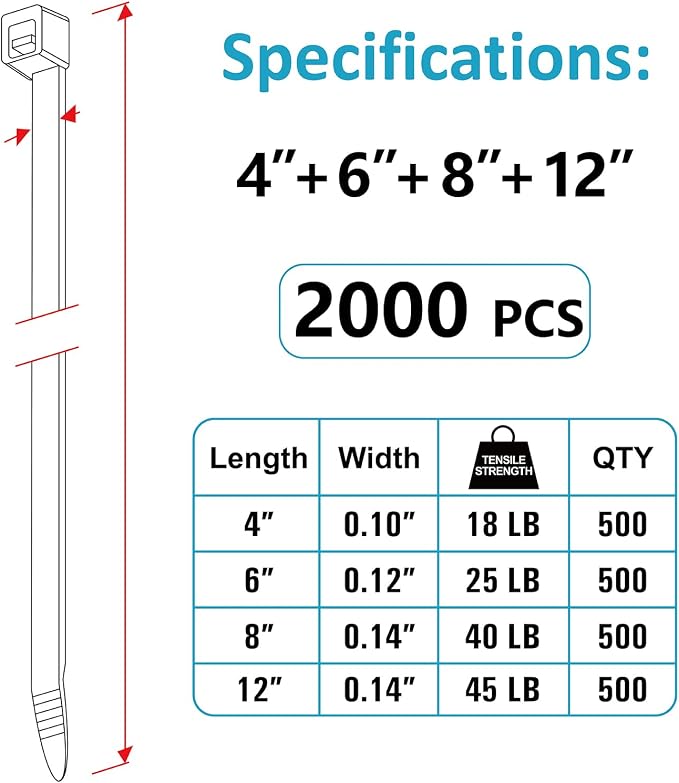 Zip Ties Assorted Sizes, 2000 Pack, UV Resistant Wire Ties by ANOSON - Image 2