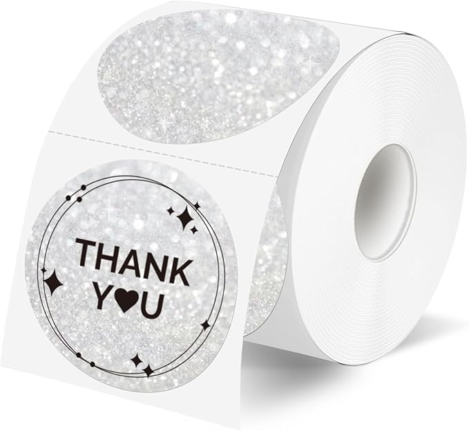 2" Holographic Thermal Label Stickers, Round Direct Thermal Label Stickers, Glitter Thermal Printer Sticker Labels for Gift Wrapping, Self-Adhesive Custom Logo Design- Glitter Silver
