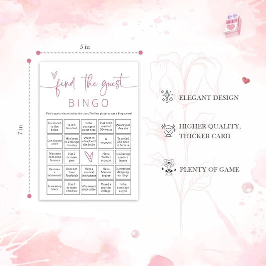 Bridal Shower Bingo, 25Pcs Prefilled Find The Guest Bingo Game Cards, Engagement Party Games for Guests, Pink Wedding Party Supplies - E17