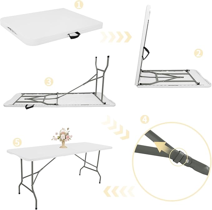Folding Table 6 FT Lightweight Camping Table Portable Plastic Rectangular Outdoor Dining Table Steel Legs Fold-in-Half with Carrying Handle for Indoor,Picnic,Party,Wedding,Events(White)