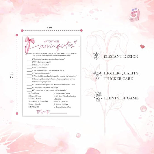 Bridal Shower Games Cards, Match These Movie Quotes, 25 Cards with 1 Answer Card, Engagement Party Games for Guests, Pink Ribbon Bow Wedding Party Supplies - E09