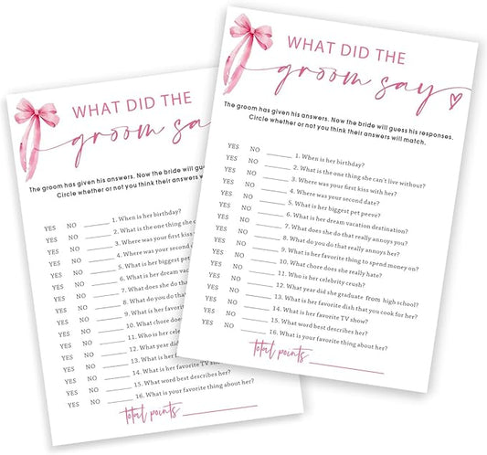 Wedding Shower Games Cards, What Did The Groom Say, Bridal Shower Games 25 Guests, Engagement Party Wedding Games for Guests, Pink Ribbon Bow Wedding Party Supplies - E12
