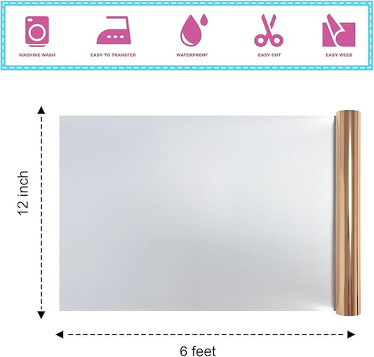 Heat Transfer Vinyl Metallic Rose Gold Foil 12"*6Ft Bundle Chrome HTV Pack in Vibrant Colors for Stunning T-Shirt Designs! Perfect for DIY Heat Transfer Vinyl (Rose Gold, 12Inch*6Ft)