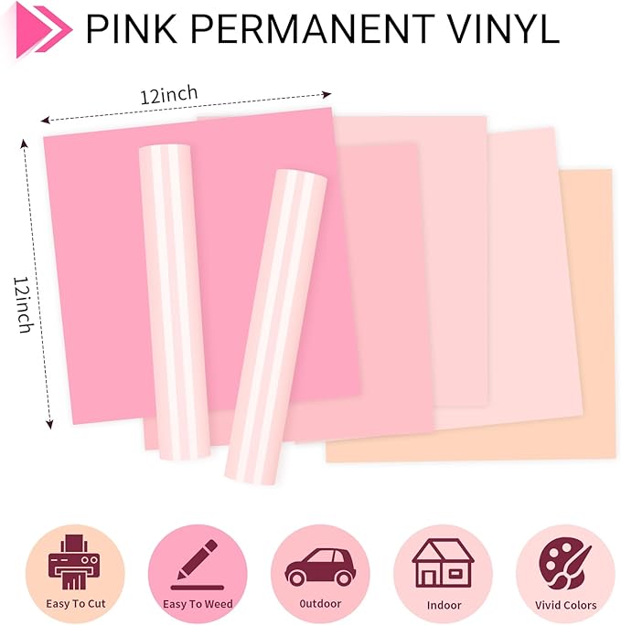 GIRAFVINYL Pink Permanent Vinyl - 12”x12” 7 Sheets Light Pink Vinyl Permanent Adhesive for Home and Car Decorations, Signs, Tumblers, Easy to Cut & Waterproof