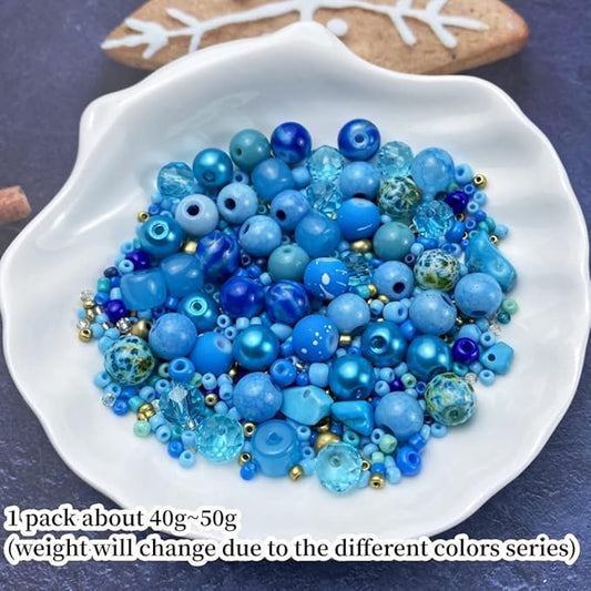 Assorted Glass Resin Beads Multi Size Colors Smooth Cracked Gravel Millet Spacer Beads for Bracelets Necklace Earring DIY Jewelry Making Craft(Lake Blue Series)