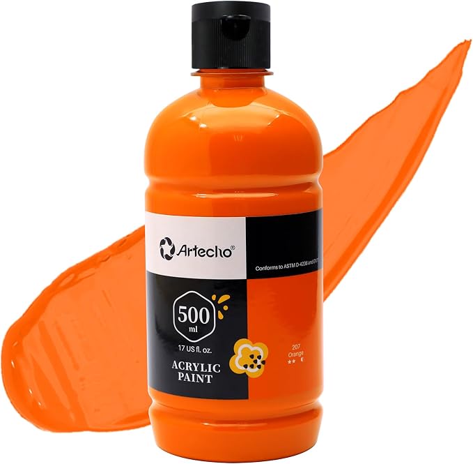 Artecho Orange Acrylic Paint 500ml / 17oz Large Bottle | Semi Glossy Finish by Artecho