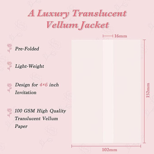 120 Pack Pre-Folded Vellum Jackets for 4x6 Invitations, Translucent Vellum Paper 4x6 Jackets, 100GSM Wedding Invitations Wraps, Envelope Liners for Birthdays, Baby Showers