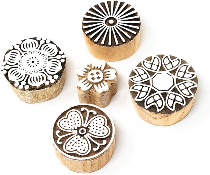 Hashcart Wooden Indian Traditional Design Printing Stamps/Blocks for Printing Saree Border/Dresses/Craft Card Making/Scrapbook/Clay Pottery (Set of 5)