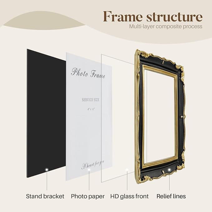 Cuspin 4x6 Picture Frame Black and Gold Frames, Ornate Textured Hand-Crafted - Image 6