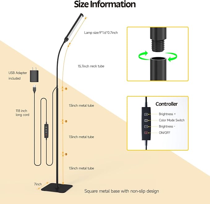 Aisutha LED Floor Lamp, Reading Lamps Adjustable Stepless Colors & Brightness - Image 7