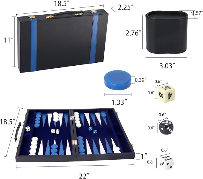 GSE Games & Sports Expert Premium Leather Backgammon Board Game Set, Classic Backgammon Game Set with Leather Case, Travel Folding Board Game (Black&Blue, Large)