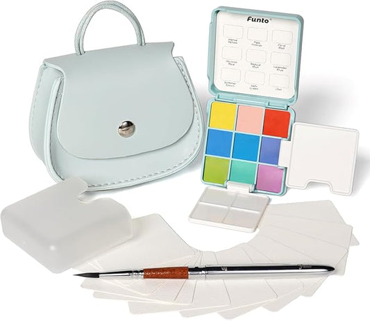 Funto Pocket Watercolor Set, Travel Color Kit, with 9 Colors, Leather Bag, Paint Water Cup, Foldable Palettes, and Mini Watercolor Papers, Set for Art