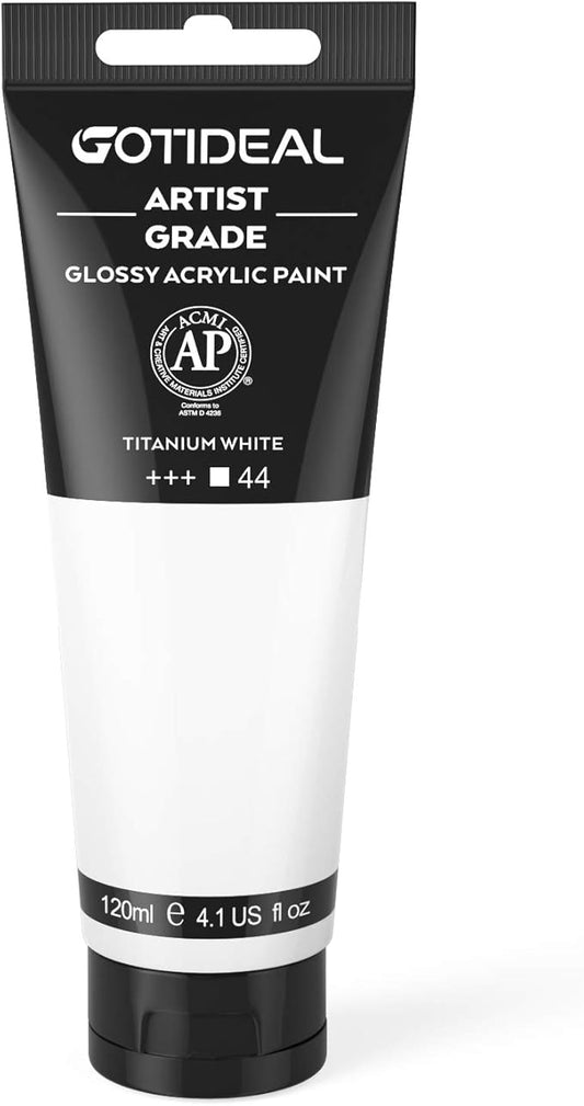 GOTIDEAL Acrylic Paint Titanium White Tubes(120ml, 4.1 oz) Non Toxic Non Fading,Rich Pigments for Painters, Adults & Kids, Ideal for Canvas Wood Clay Fabric Ceramic Craft Supplies (Titanium White)