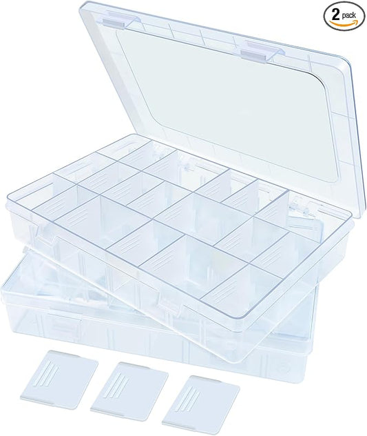 2Pack 24 Grids Craft Organizers and Storage Bead Organizer Tackle Box Organizer with Adjustable Divider, Plastic, Clear
