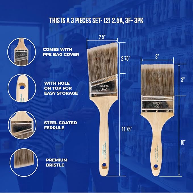 Pro Grade Paint Brushes, Flat & Angled Paint Brush Set, Walls & Trim, decks | - Image 2