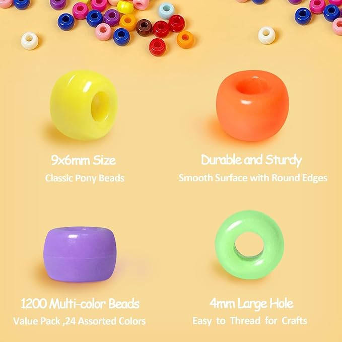 Simetufy 3600Pcs Pony Beads Bulk, 24 Assorted Colors Rainbow Plastic Beads - Image 4