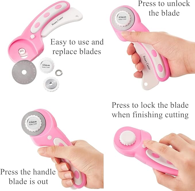 Rotary Cutter Set Pink- Quilting Kit incl. 45mm Fabric Cutter, 5 Replacement - Image 2