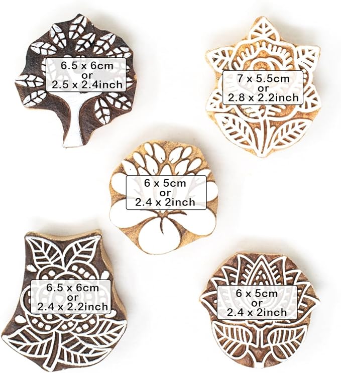 Floral Wood Printing Stamp Block for Printing Saree Border Dresses Craft Card Making Scrapbook Clay Pottery (Set of 5) Hashcart®