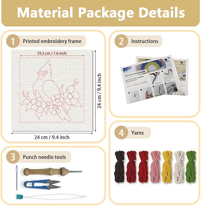 DOODLREAM Cardinal Bird Punch Needle Kit, DIY Embroidery Starter Craft Set | - Image 2