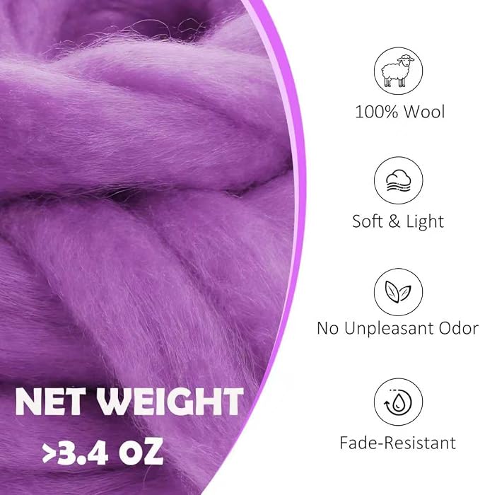 Felting Wool for DIY Craft, Needle Felting Wool Purple, 3.4oz Wool Roving for - Image 2