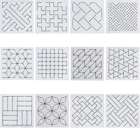 FREEBLOSS Sashiko Embroidery Stencils Sashiko Stencil Geometric Embroidery Patterns Stencils for Drawing Sashiko Template for Hand Quilting and Embroidery14x14cm