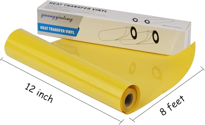 Guangyintong Yellow Heat Transfer Vinyl HTV Rolls, 12" x 8ft Glossy Surface Iron on Vinyl for T-Shirts, Easy to Cut & Weed for Heat Vinyl Design