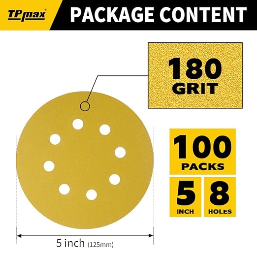 100PCS 5 Inch 180 Grit 125mm 8 Hole Sanding Discs Sandpaper - Premium Gold Round Hook and Loop for Random Orbital Sander - Ideal for Wood, Metal, Automotive