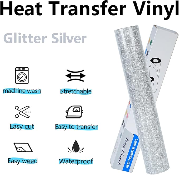 guangyintong Glitter Silver Heat Transfer Vinyl HTV Rolls, 12" x 8ft Iron on Vinyl for T-Shirts Glitter Silver HTV Vinyl for All Cutter Machines Easy to Cut & Weed for Heat Vinyl Design