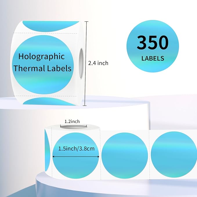 1.5" Holographic Direct Thermal Label Stickers, Round Printable Rainbow Glitter Thermal Printer Sticker Labels for Gift Wrapping, Self-Adhesive DIY Custom Logo Design- Blue