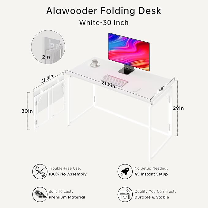 alawooder 31.5" Folding Desk: No Assembly, Wood Top - Image 3