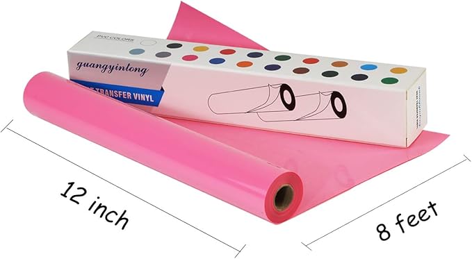 guangyintong Pink Heat Transfer Vinyl HTV Rolls, 12" x 8ft Pink Iron on Vinyl for T-Shirts Glossy Surface Pink HTV Vinyl for All Cutter Machines Easy to Cut & Weed for Heat Vinyl Design