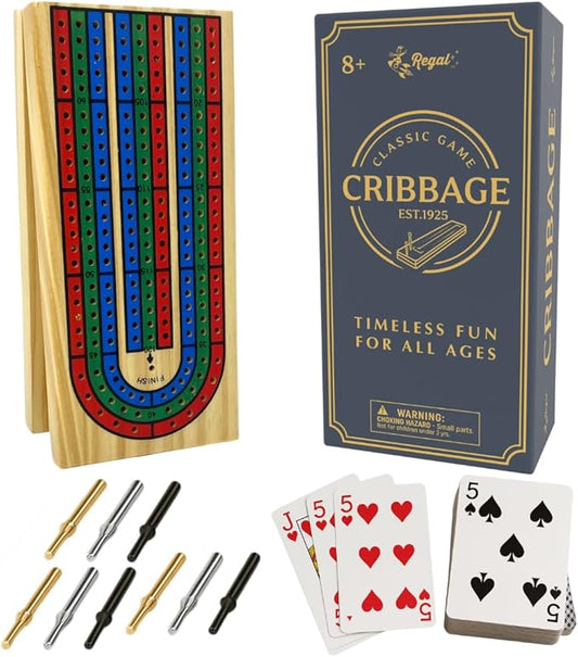 Regal Games Cribbage Board Game Set w/Storage - Fun Table Game with Wooden Board for Adults & Kids - 9 Metal Pegs, Deck of Playing Cards & 2-4 Player Games - Ideal for Game Night, Travel (Ages 8+)