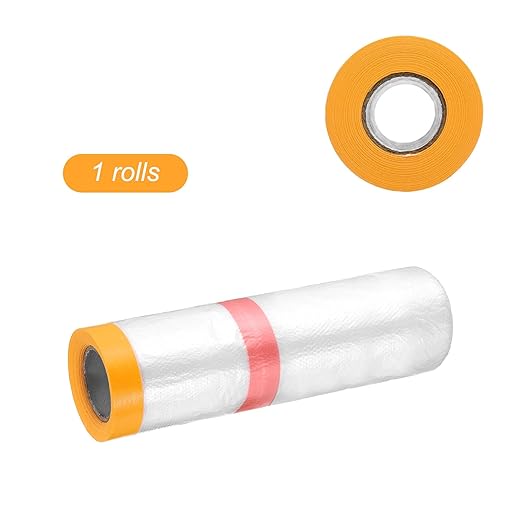 HARFINGTON Pre-Taped Masking Film 106.3" x32.8ft Double Adhesive Tape and Drape Painters Plastic Drop Cloth Film with Tape Plastic Sheeting for Automotive Painting Covering