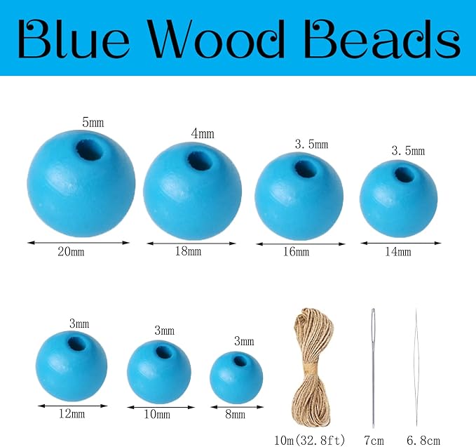 400Pcs Blue Wooden Beads for Crafts, Natural Round Loose Beads Small Wood - Image 2