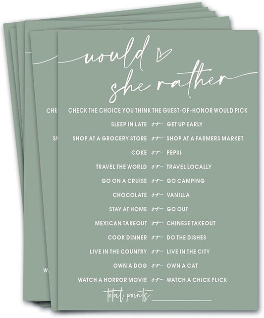 Bridal Shower Games Cards, Would She Rather Bridal Shower Game for 25 Guests, Engagement Party Wedding Games for Guests, Minimalist Green Wedding Party Supplies - C11