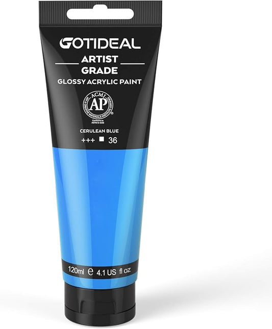 GOTIDEAL Acrylic Paint Cerulean Blue Tubes(120ml, 4.1 oz) Non Toxic Non Fading,Rich Pigments for Painters, Adults & Kids, Ideal for Canvas Wood Clay Fabric Ceramic Craft Supplies (Cerulean Blue)