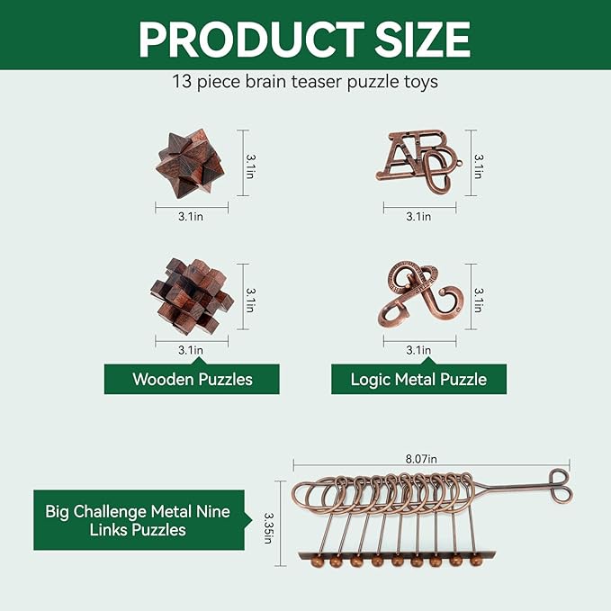 13 Pcs Brain Teaser Puzzles for Adults Teens - Metal Puzzles 3D Puzzle Game Toys for Adults Teens - Wooden Unlock Interlocking Puzzle Adult IQ Education Smart Toys