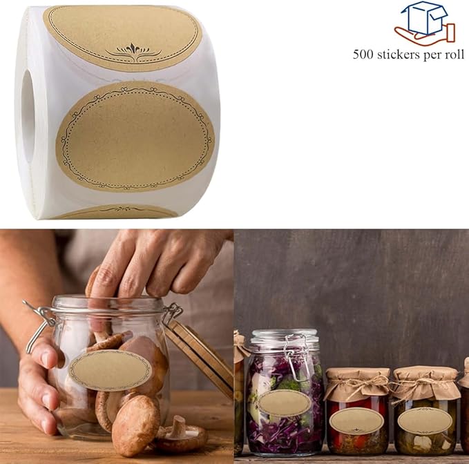 HAHIYO 1.4 * 2.5In 500P Oval Brown Kraft Stickers with Artistic Border - 4 Unique Styles Blank Kraft Labels Roll to Write On Durable Dot Stickers for Jar Canning Labels Price Tags Store Organizing