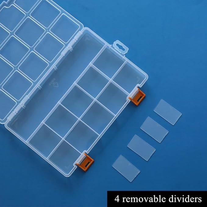 BangQiao 4 Pack 15 Grids Clear Plastic Storage Box with Dividers, Transparent Organizer Container Case for Small Parts, Bead, Button, Jewelry, Diamond, Craft Supplies,Sewing Kit, DIY Accessories