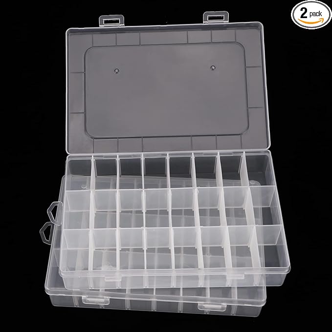 2 Pack 24 Grids Plastic Organizer Box Container Craft Storage Box with Adjustable Dividers for Beads Jewelry Fishing Tackles, Clear