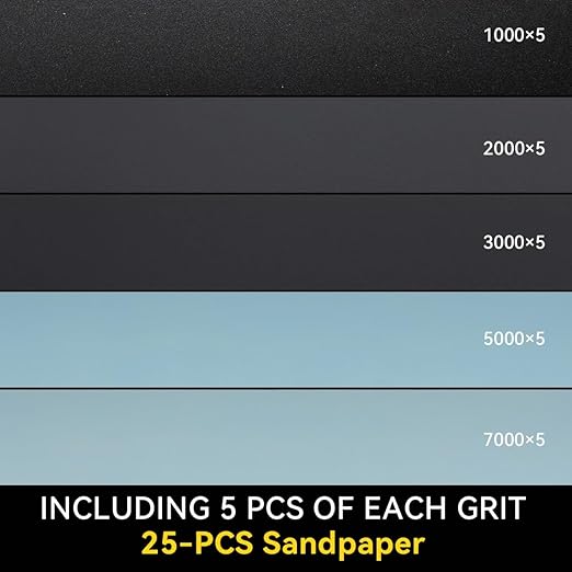 25-Piece Fine Sandpaper Set 1000/2000/3000/5000/7000 Grit Wet Dry Sandpaper Combo 9x3.6 Inches, Suitable for Automotive, Resin Furniture Finishing, Stone Turning Finishing