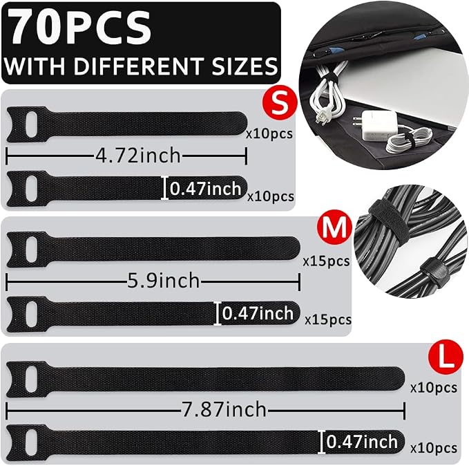 70pcs Cable Ties Reusable Black Wire Ties Cable Management Cord Ties Reusable - Image 2