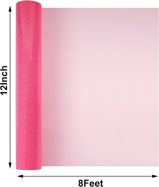 FUNKAKA Glitter Fluorescent Pink HTV Heat Transfer Vinyl Rolls, 12" x 8ft PU Iron on Vinyl for T-Shirts Glitter HTV Vinyl for All Cutter Machines Easy to Cut & Weed for DIY Design