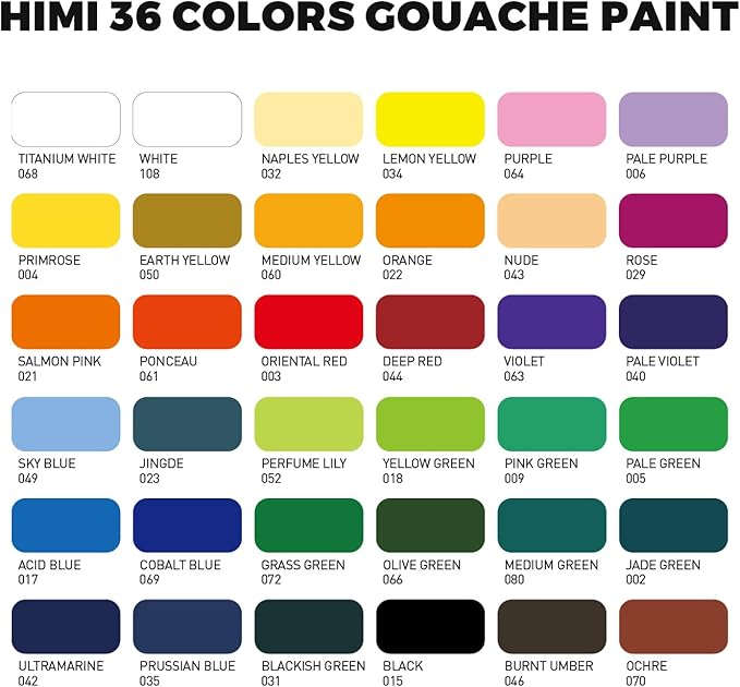 HIMI Gouache Paint Set, 36 Colors x 12ml Twin Jelly Cup Design with 3 Paint Brushes and a Palette in a Carrying Case Perfect for Artists, Students, Gouache Opaque Painting