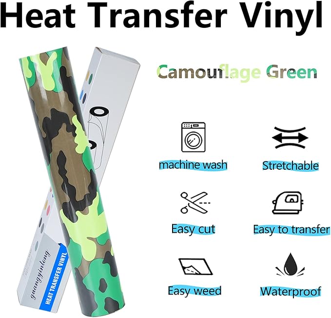 Guangyintong Camouflage Green Heat Transfer Vinyl HTV Rolls, 12" x 8ft PU Iron on Vinyl for T-Shirts, Stretchy Thin Soft HTV for All Cutter Machines, Easy to Cut & Weed