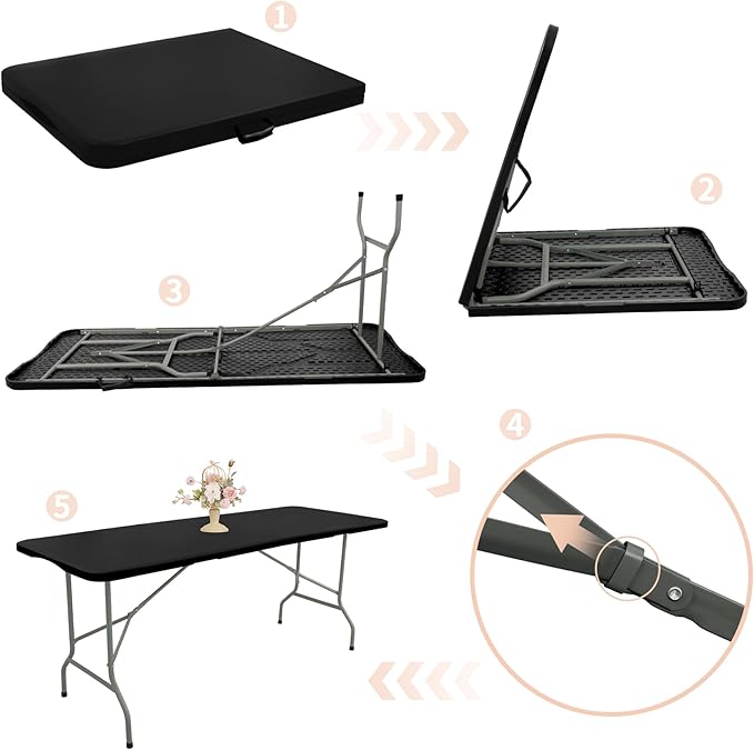 Folding Table 6 FT Camping Table Portable Plastic Rectangular Outdoor Dining Table Steel Legs Fold-in-Half with Carrying Handle for Indoor,Picnic,Party,Wedding,Events(Black)